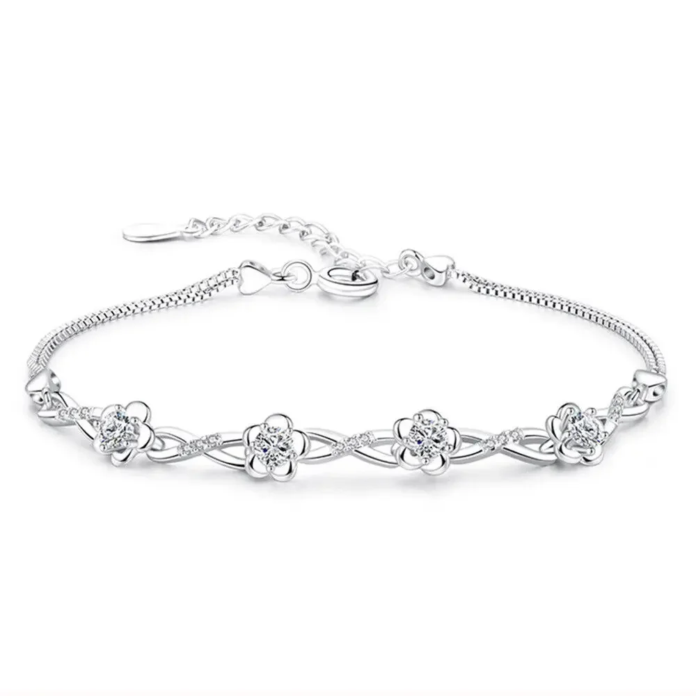 

Luxury Women's Zicron Rose 925 Sterling Silver Heart Bracelets Chain