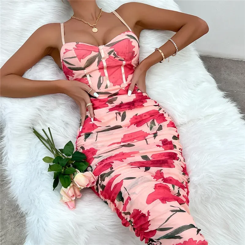 ISAROSE Schnelle Lieferung 2024 Stretch Mesh Kleid Frauen Sommer Floral Gedruckt Geraffte Low-cut Hohe Taille Knielangen, figurbetonte Kleider