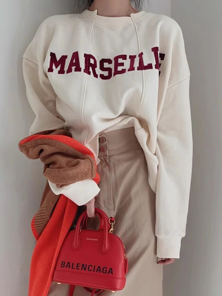 Sweat-shirt rétro paresseux rond Ne imprimé, Long, décontracté, polyvalent, ample, Streetwear pour femmes, automne hiver Chic