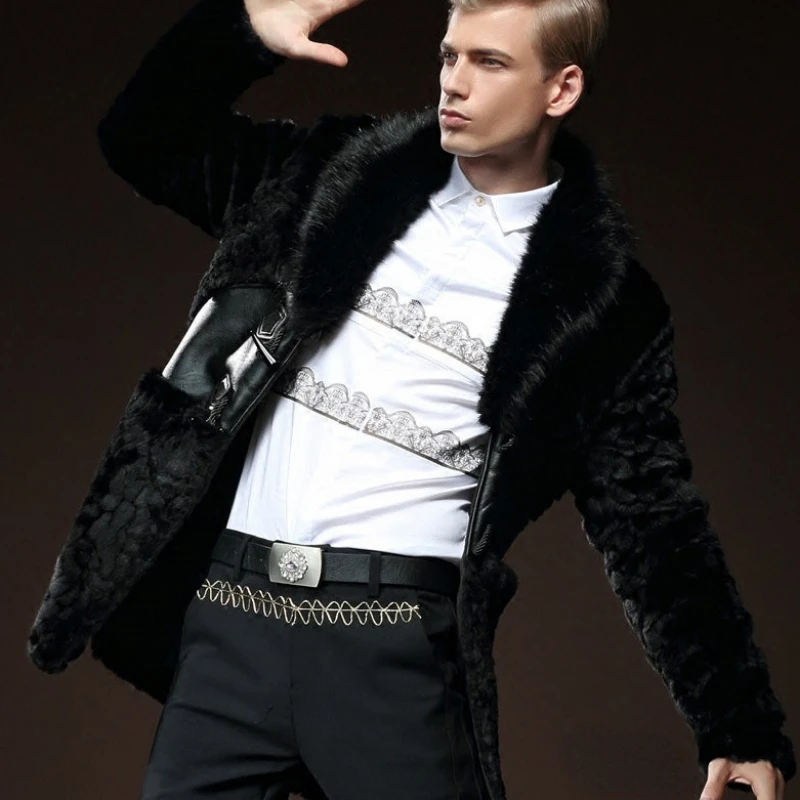 Winter Fur Collar Faux Fur Coat Men Long Sleeve Thick Warm Slim Windbreaker Casual Jacket Plus Size Luxury Brand Mid-length Coat