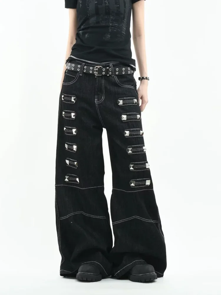 IMU 2026 Gothic Y2K American Style Patchwork Rivet Design Black Loose Streetwear Women's Jeans Trousers Women Straight Trousers