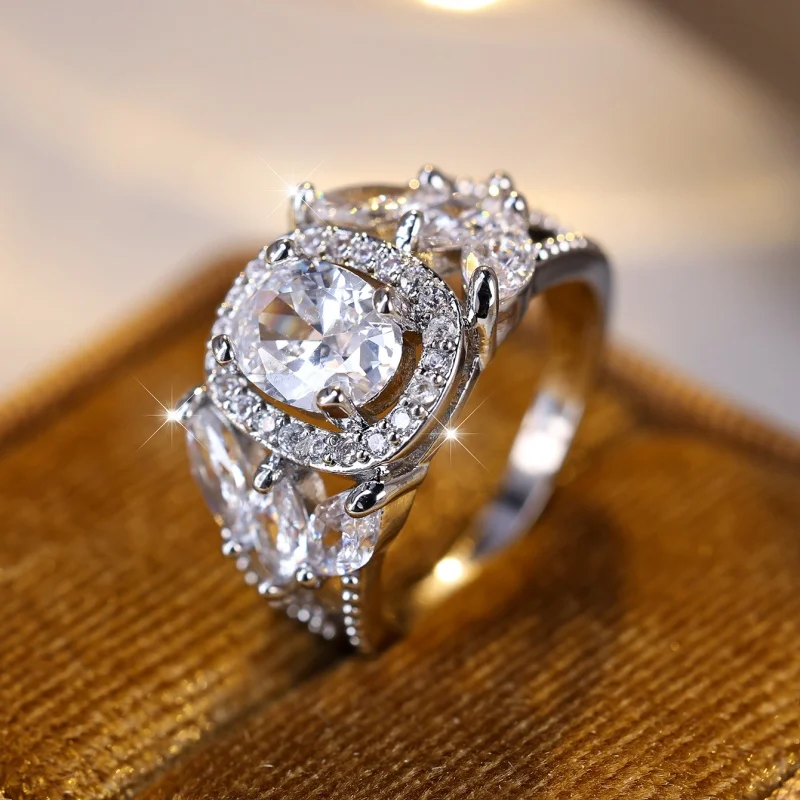 2026 New Oval Double-layer Inlaid Zircon Ring with Horse Eye Diamonds on Both Sides, Luxurious Wide Edition Women's Accessory