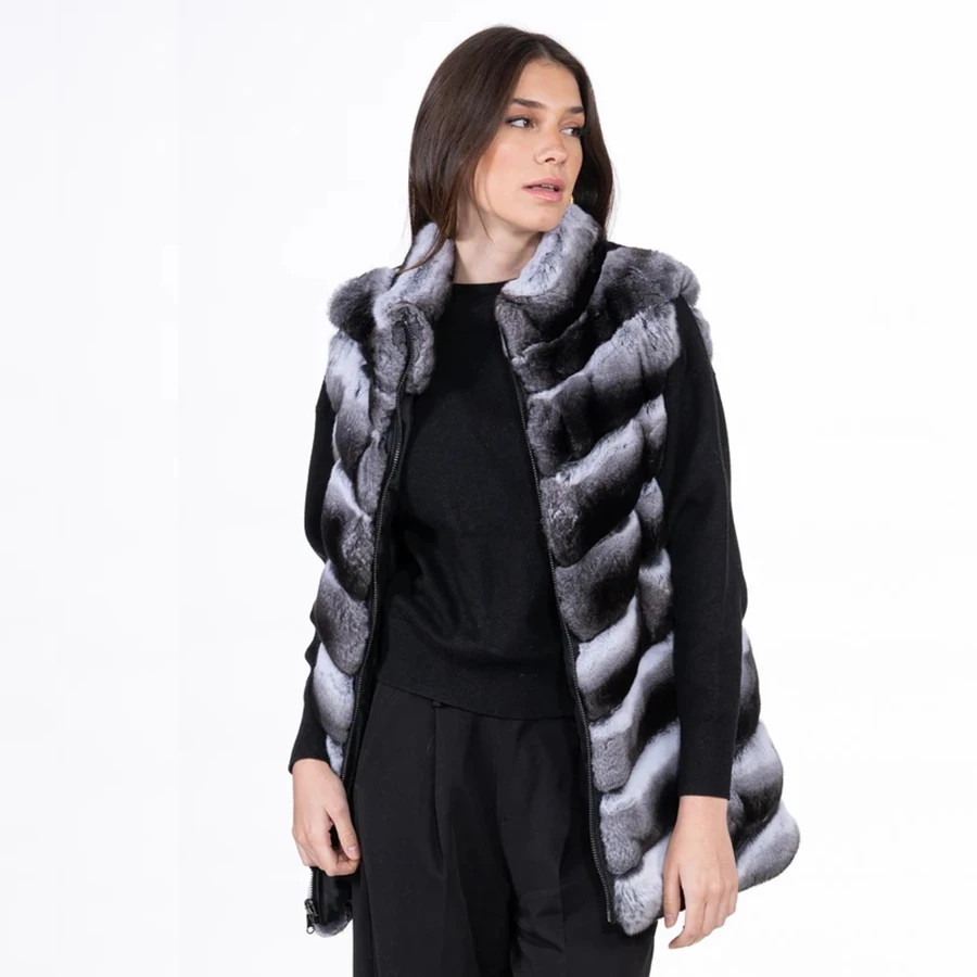 Gilet di pelliccia di coniglio Rex naturale cerniera per le donne cappotto di pelliccia di cincillà stili caldi gilet di pelliccia calda invernale