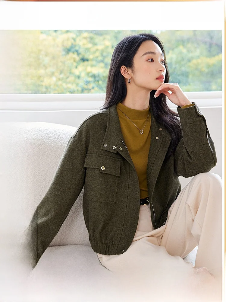 

Модная короткая куртка из шерстяной смеси для женщин, весна 2026, новая модель, уличный стиль, повседневная, на молнии, с воротником-стойкой