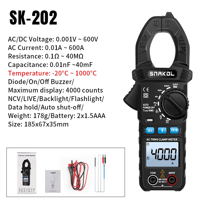 SNAKOL SK-203 Zangenmessgerät Digitaler Tester Professionelles Voltmeter Zangenamperemeter Elektrischer Multitester 600A AC/DC True RMS 35mm Großer Klemmkopf Hintergrundbeleuchtung & Taschenlampe