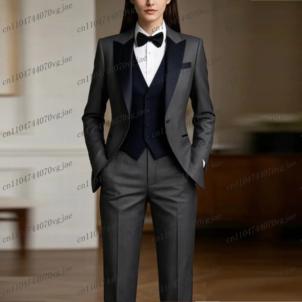 Dark Grey And Navy Blue Formal Business Women Suit Wedding Party Prom Ladies Mother Girl Tuxedos 3 Piece Set Jacket Vest Pants