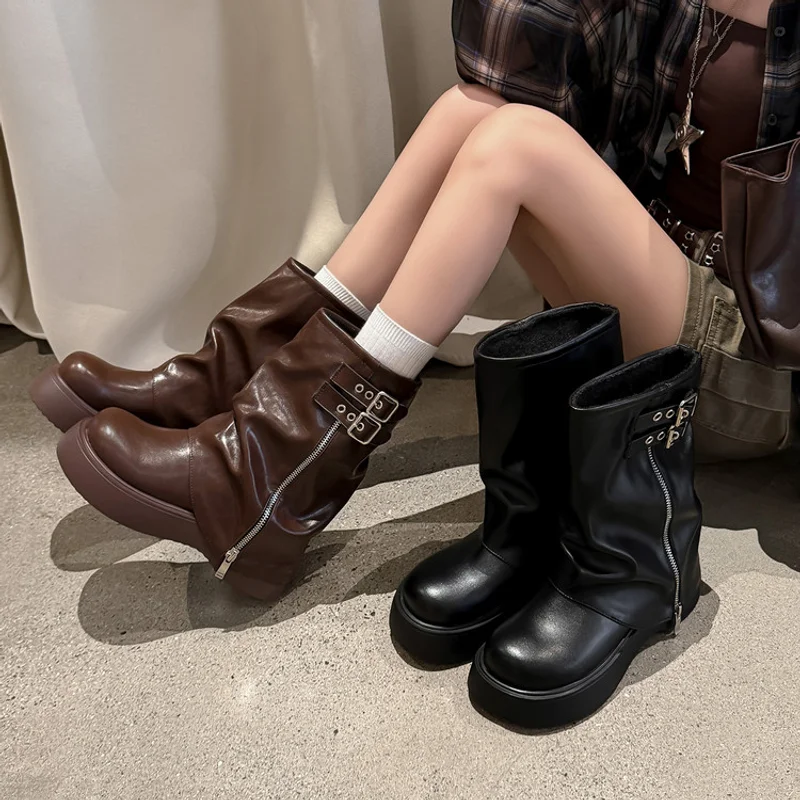 Y2k Gothic Women Platform Boots Slouchy Ruched Side Zipper Buckle Strap Chunky Sole Large Size Fall Winter Streetwear Boots