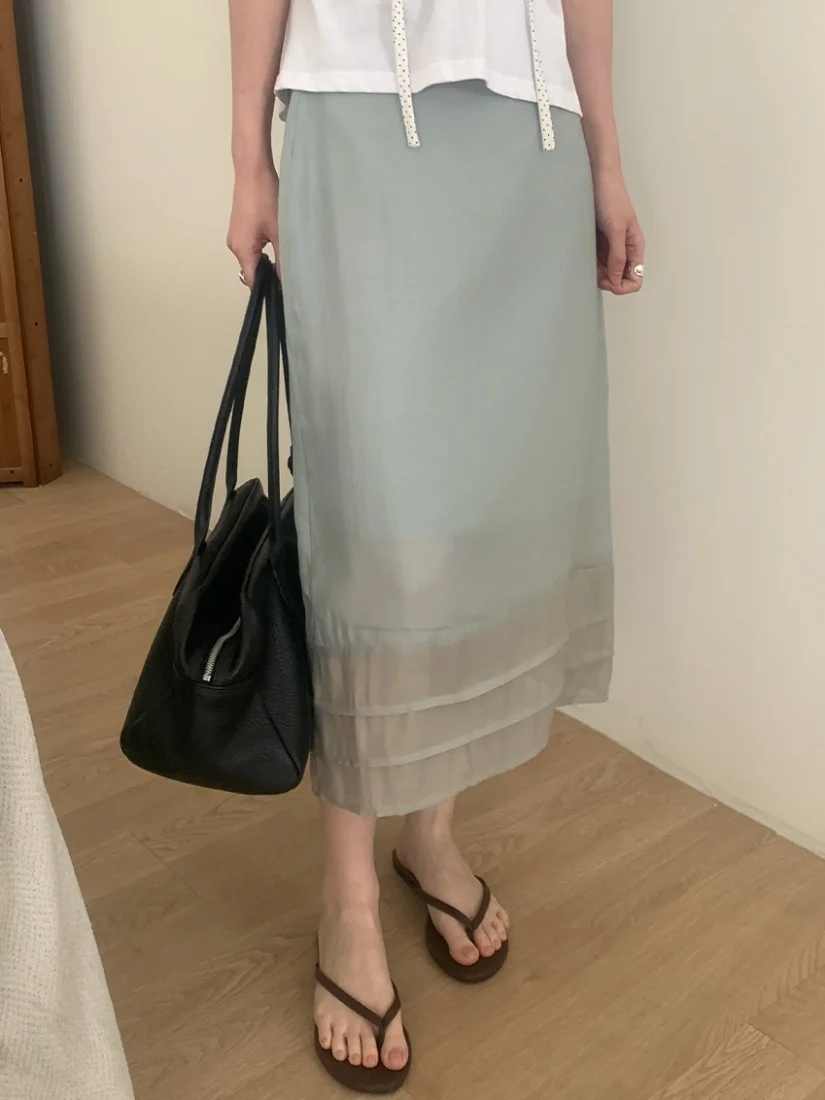 Sweet Summer Gentle Versatile Pleated Elastic Waist Midi Skirt Commute Style with Inner  High Waist Polyester Fiber