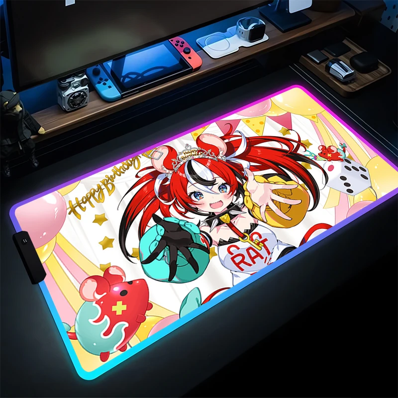 

Коврик для мыши со светодиодной подсветкой для офисного компьютера HD, настольный коврик Hololive Hakos Baelz, коврик для клавиатуры, RGB, ковер для ноутбука, аксессуары, игровой коврик для мыши