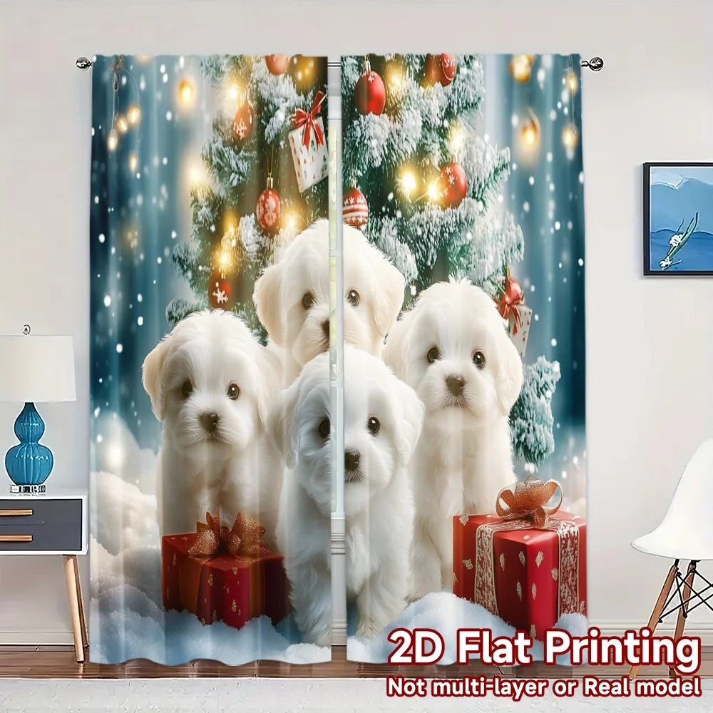 2pcs,Curtains Christmas Tree Cute Puppies Gift Print Modern Curtains Polyester Easy Install Curtains Art Deco Festive Ldeal for