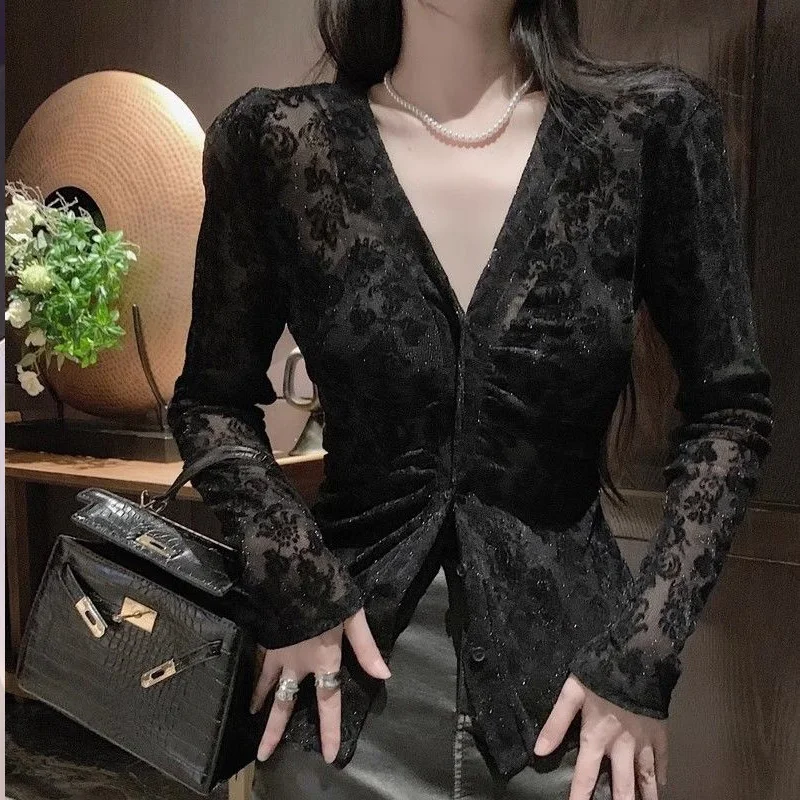 

Женская Однотонная рубашка с V-образным вырезом, Элегантный Привлекательный облегающий кардиган на пуговицах, кружевной Универсальный кардиган в стиле пэчворк, весна-лето