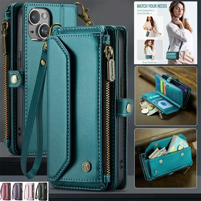 

Long Lanyard Flip Leather Phone Case for iPhone 16E 16 15 14 Plus 13 12 11 Pro Max X XR XS SE2022 Zipper Wallet Multi Card Cover