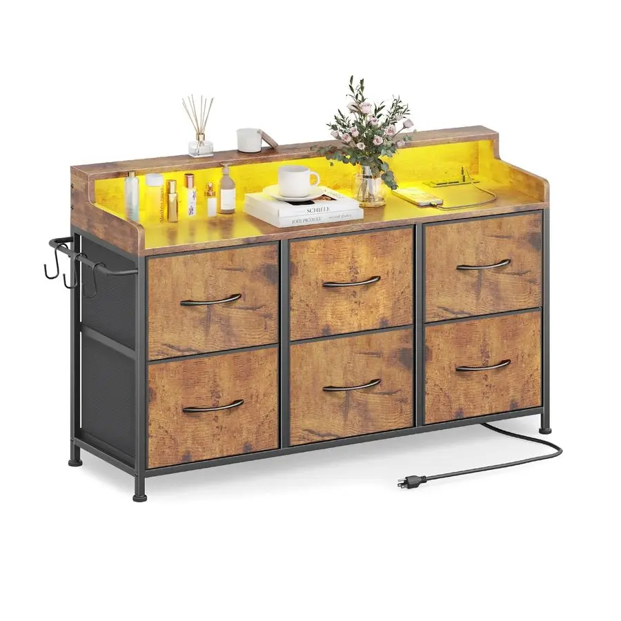 

for Bedroom with 6 Drawers, LED TV Stand Dresser with Charging Station, Chest of Fabric Drawers with Side Hooks, Dresser Storag