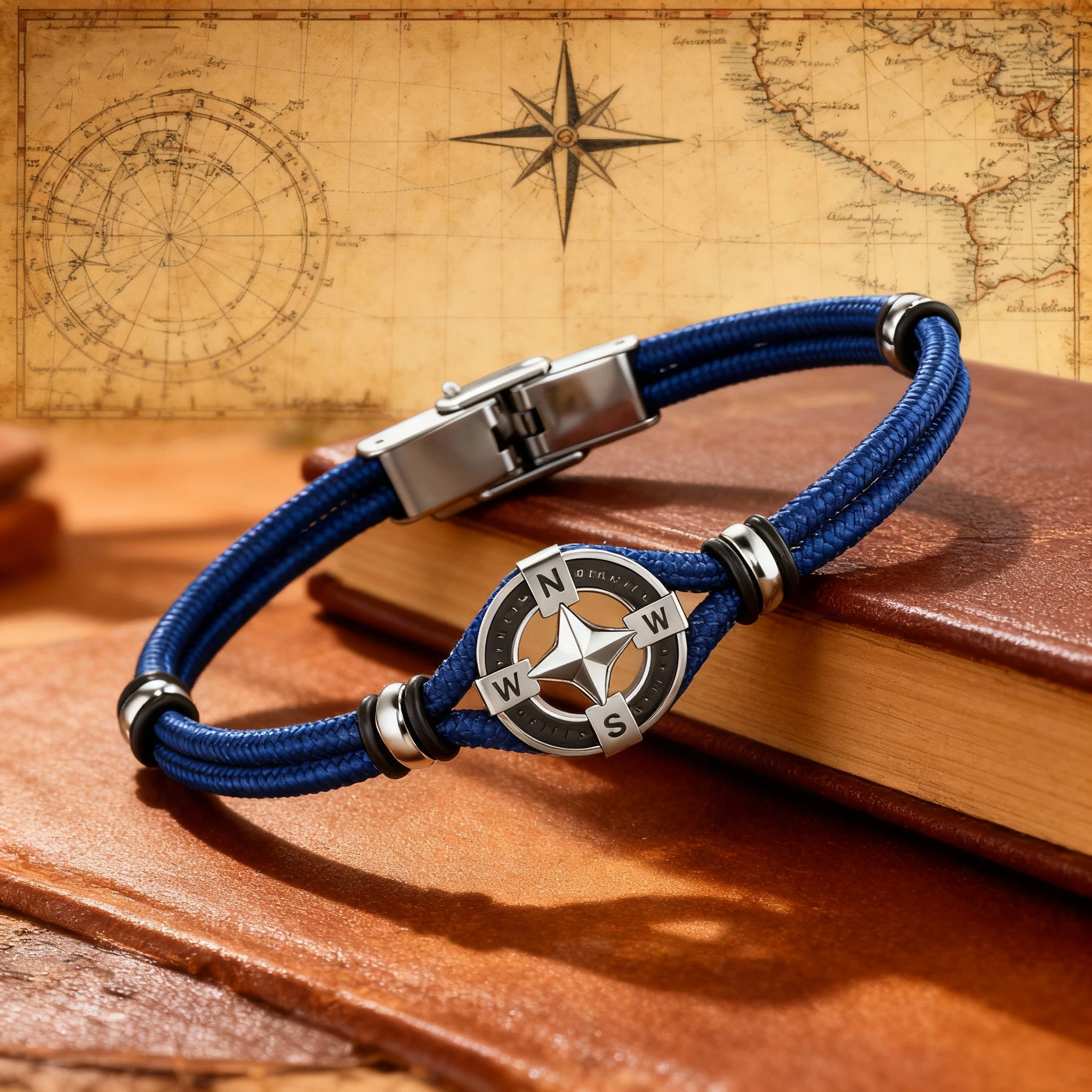 سوار بنمط بوصلة بحرية للرجال، سوار أزرق قابل للتعديل لملابس المعصم تحت عنوان الملاحة للجنسين