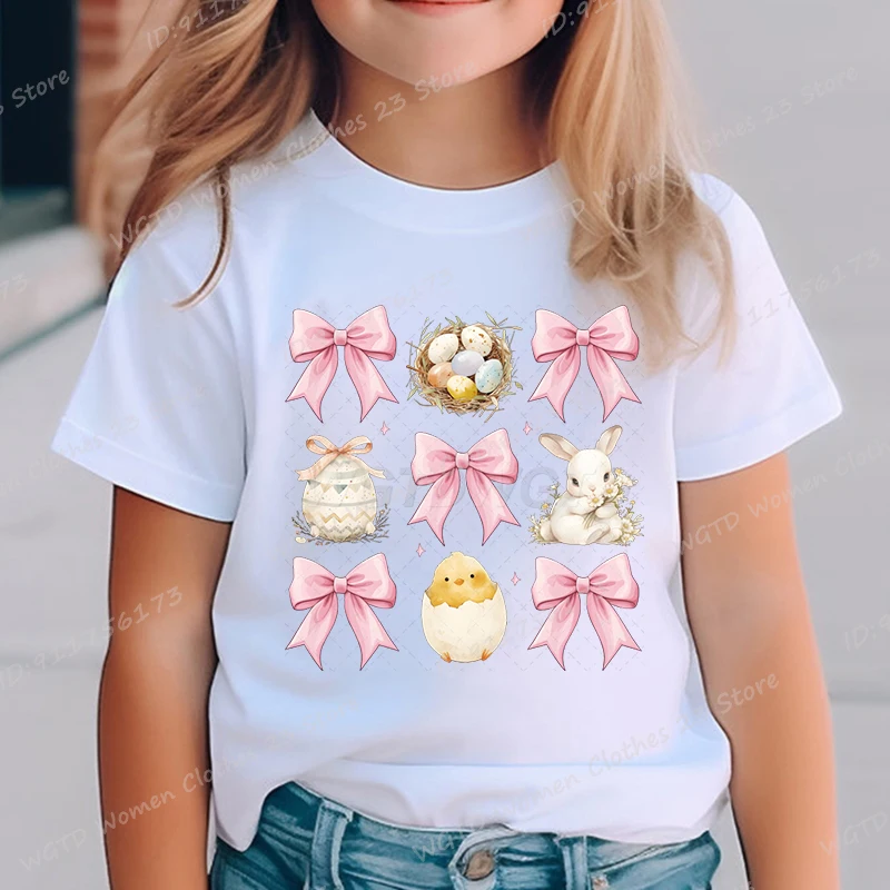 

Happy Easter Pink Bow & Bunny & Chick T-shirt, Easter Day T-shirts, Summer Casual Short Sleeve Tees Tops Children Girls T-shirt