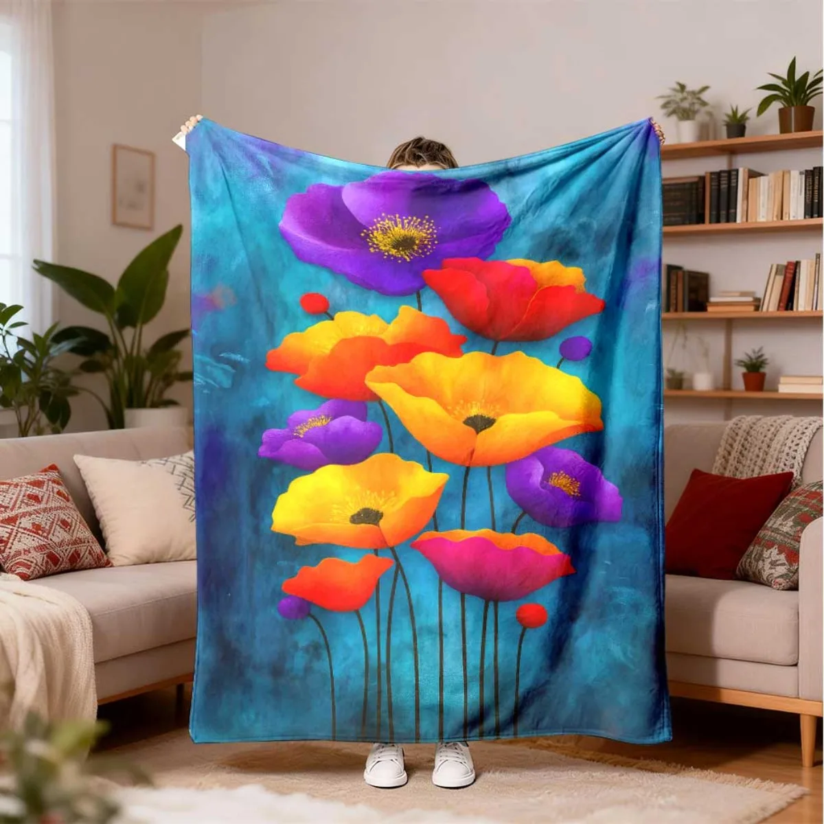 Vibrant Poppy Flower Flannel Throw Blanket, Colorful Watercolor Floral Print Soft Warm Blanket for Sofa Bedroom Home Decor