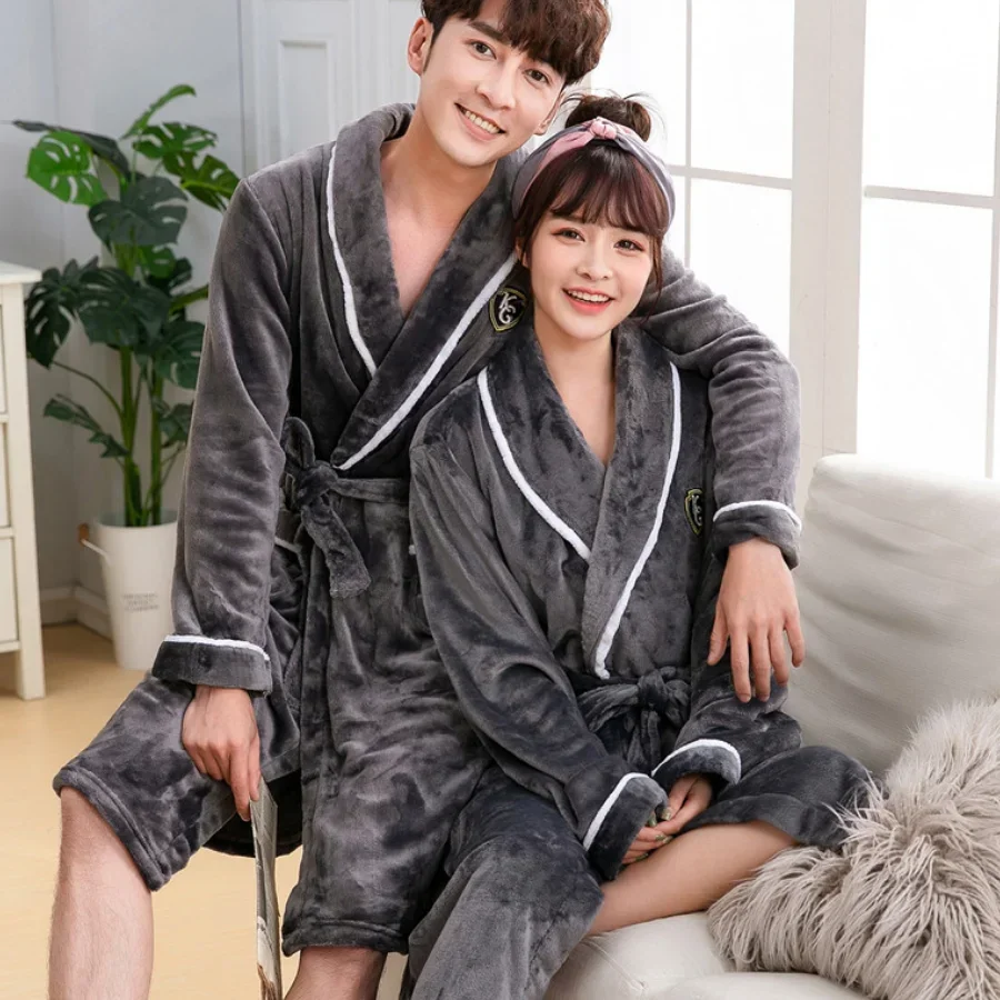 Jubah mandi pasangan baju tidur Kimono hangat mewah flanel hangat baju tidur bulu karang tebal musim dingin dengan saku pakaian santai pakaian rumah