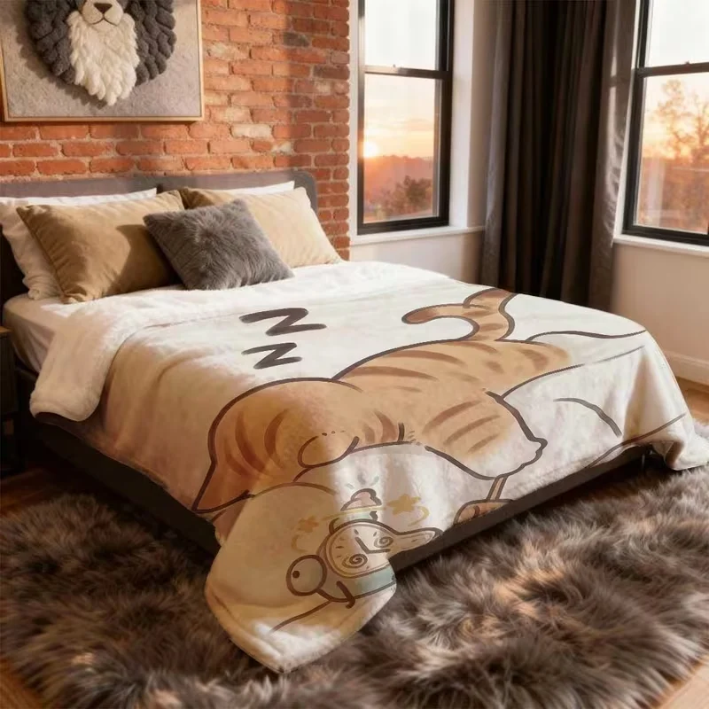 Cute Lazy Sleeping Orange Tabby Cat Throw Blanket, Funny Cartoon Cat Alarm Clock Print Soft Fleece Blanket for Cat Lovers Sofa Bed