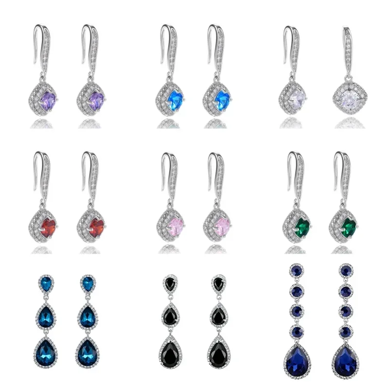 New Colorful Cubic Zircon Pendant Earrings for Women's Wedding Noble Accessories Party Classic Attending Banquet Crystal Jewelry