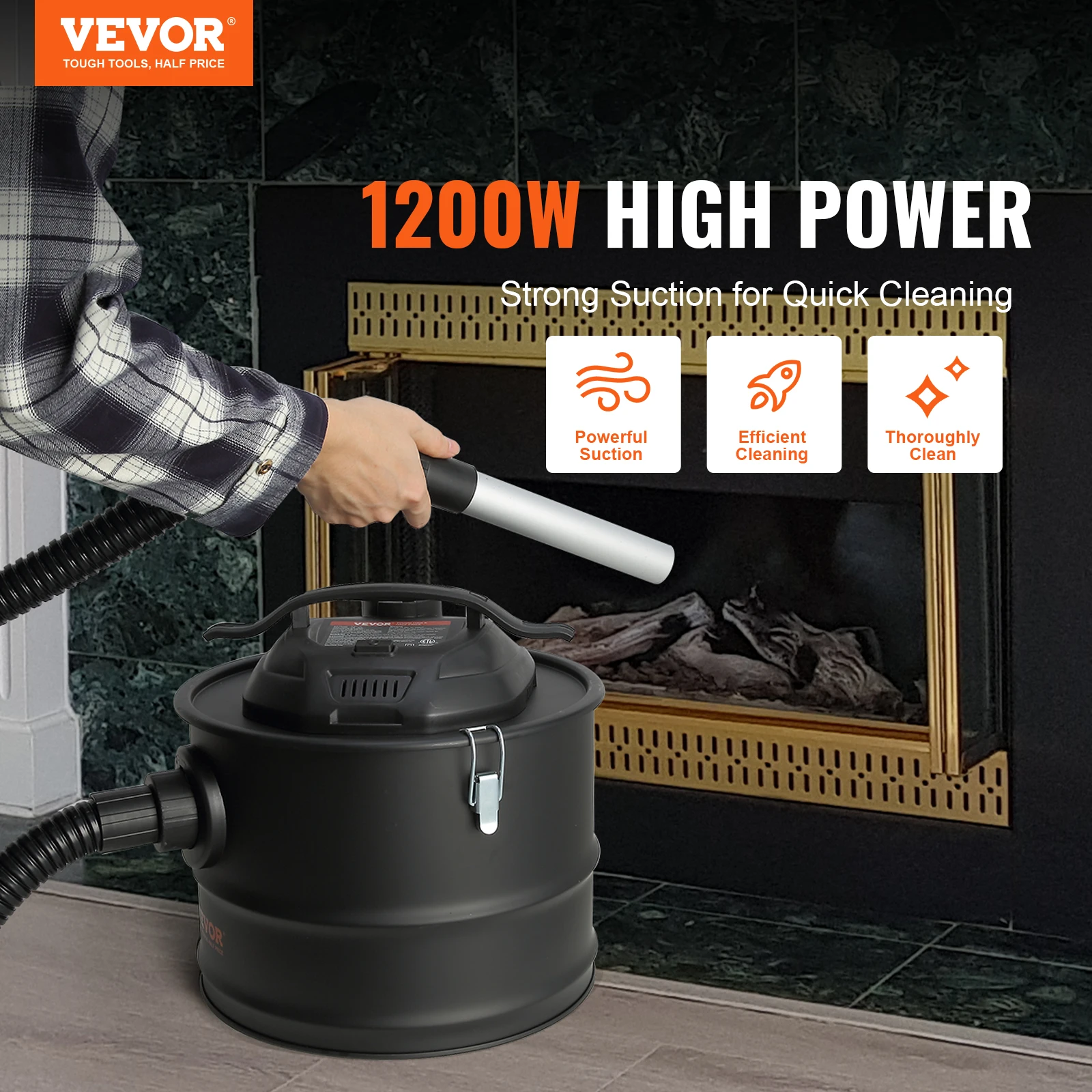 VEVOR Ash Vacuum Cleaner 4 Gallon with 1200W Powerful Suction Ash Vac Collector with 47.2 in Flexible Hose for Fireplaces Grills