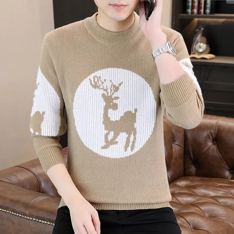 Autumn Winter Men's Clothing Pullover Sweater Knitted Long Sleeve Round Neck Cartoon Contrast Color Casual England Style Tops