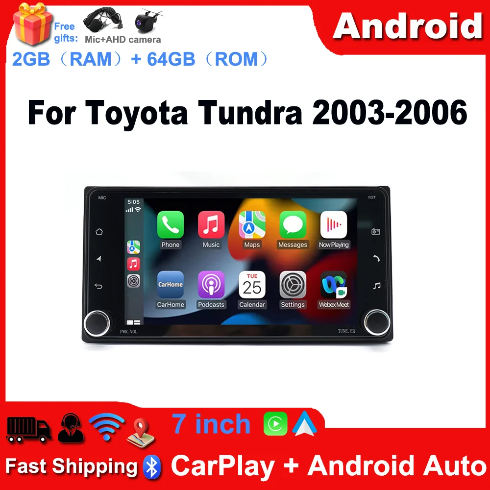 2+64G Android 15 Car Stereo for Toyota Tundra 2003-2006 GPS Navi Head Unit Fit for Carplay Android Auto GPS Navigation 7in Car Radio Player with WiFi Bluetooth FM/RDS SWC Mirror Link Split Screen