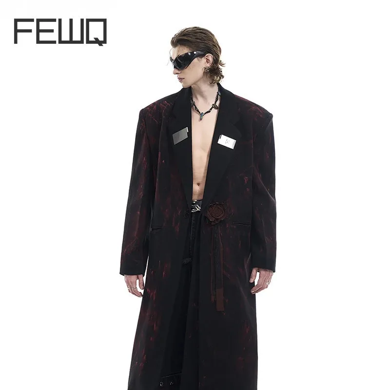 FEWQ Handpainted Night Rose Men's Suit Jacket Winter Mid Length Suit Collar Windbreaker 2024 Tie Dyed Darkwear Male Trench