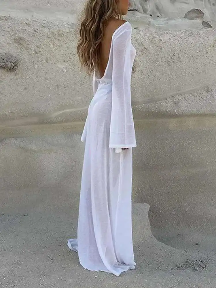 

Белое прозрачное длинное платье с открытой спиной, женское летнее тонкое однотонное пляжное длинное платье с высокой талией и длинными рукавами, топ PLA7