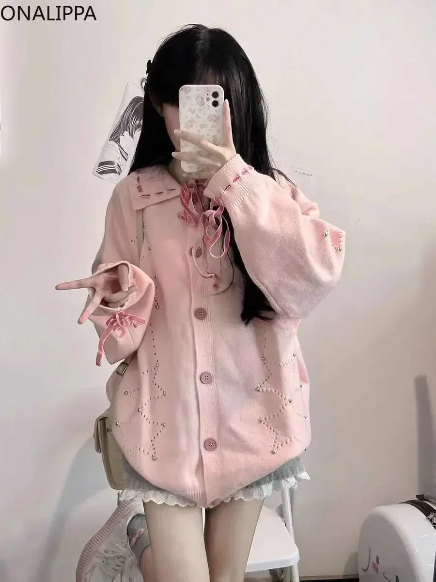 Onalippa Sweet Solid Pink Knitted Women Cardigan Slouchy Style Hollow Out Kawaii Cardigans Korean Peter Pan Collar Sweater