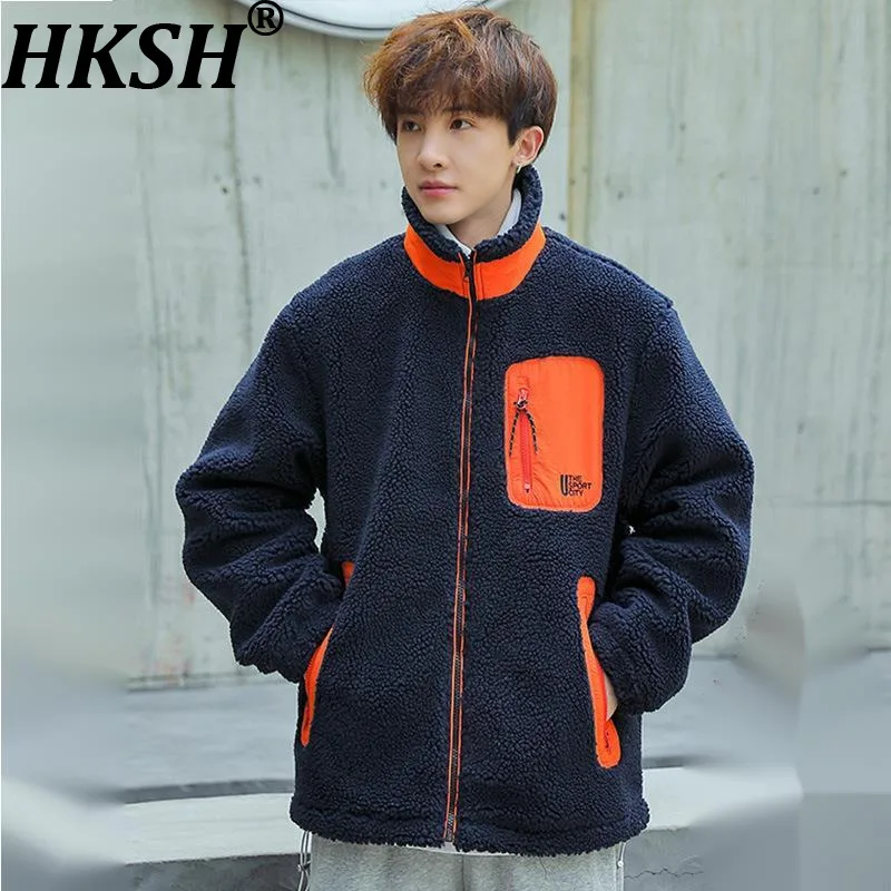 HKSH Spring Autumn New Men Tide Trendy Cotton Jacket Dark Punk Cotton Coat Lamb Wool Outerwear Y2K Vintage Patchwork Top HK27346