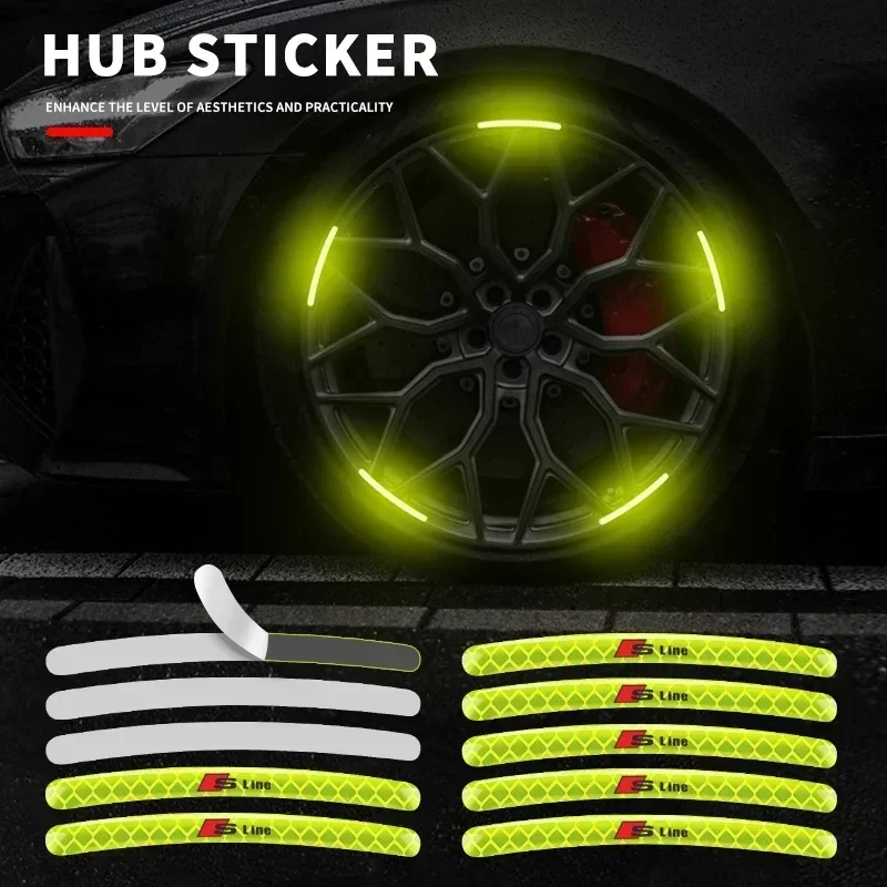 

Car Wheel Fluorescent Sticker Hub Sticker Reflective Warning For Audi Sline Q3 A5 A7 A8L A4L RS Quattro S3 S4 RS S6 S5 S7 S8