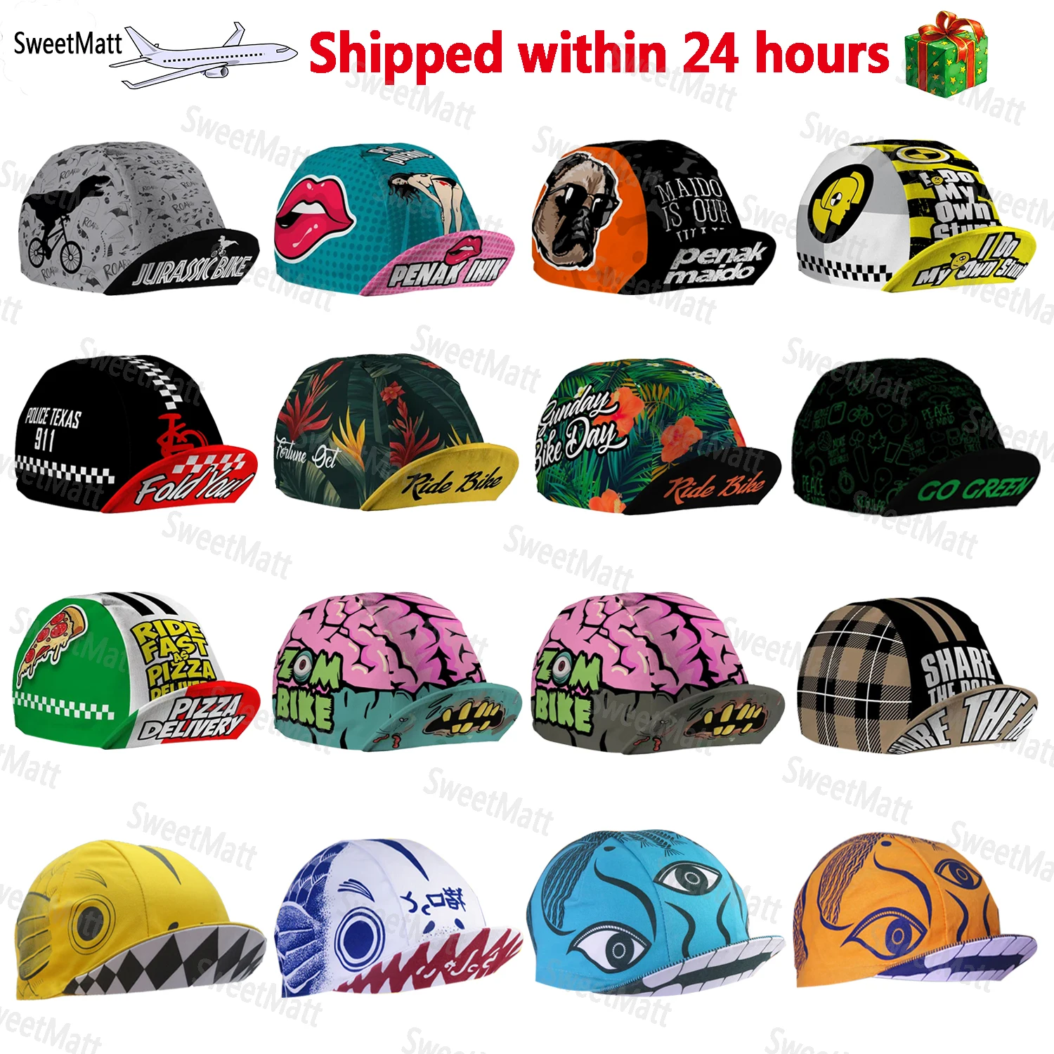 SweetMatt Classic Retro Pizza Dinosaur Bulldog Zielony Biały Czerwony Poliester Rowerowe czapki męskie Szybkoschnąca kominiarka sportowa na rower