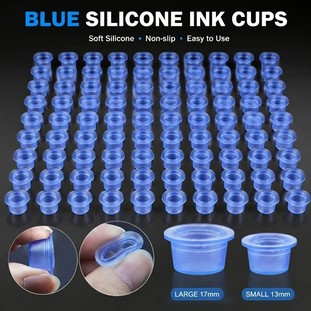 100/500/1000PCS Silicone Tattoo Ink Cups Disposable Blue Pigment Caps Container for Eyebrow Tattoo Permanent Makeup Supplies