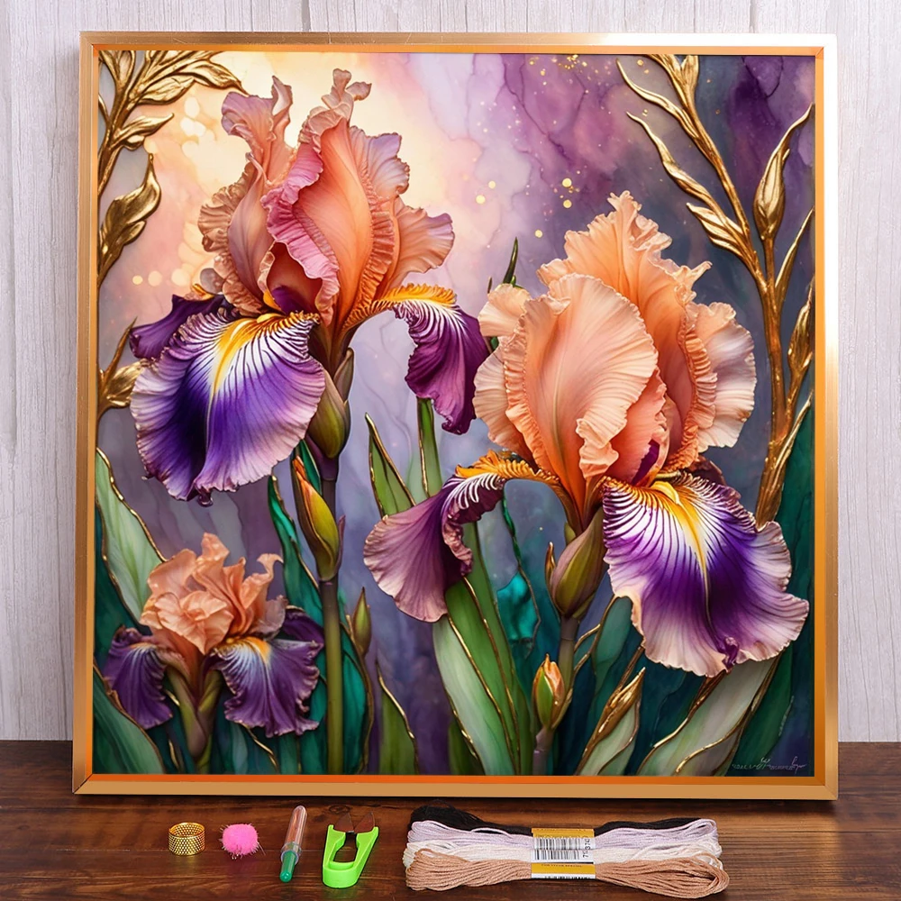 

Flower Iris Printed Fabric 11CT Cross Stitch Embroidery Set DMC Threads Needlework Knitting Craft Painting Needle Gift Counted