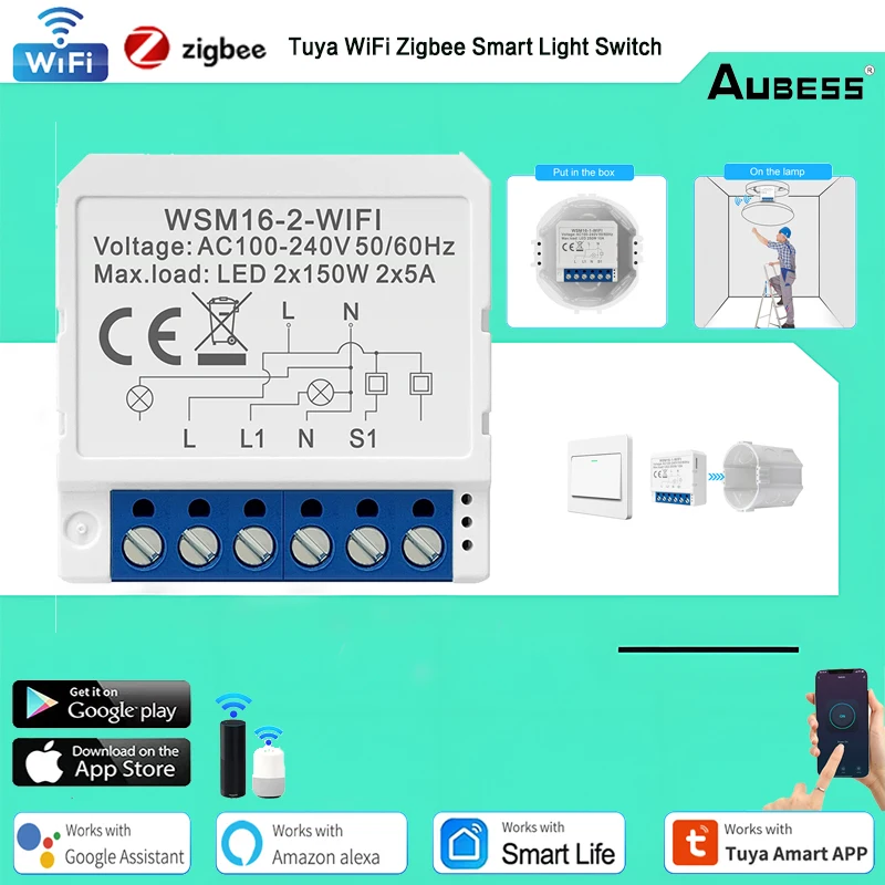 

Умный модуль переключателя Tuya Wi-Fi Zigbee, без нейтрального провода, двухстороннее управление, мини-выключатель «сделай сам», работает с Alexa Google Home Alice