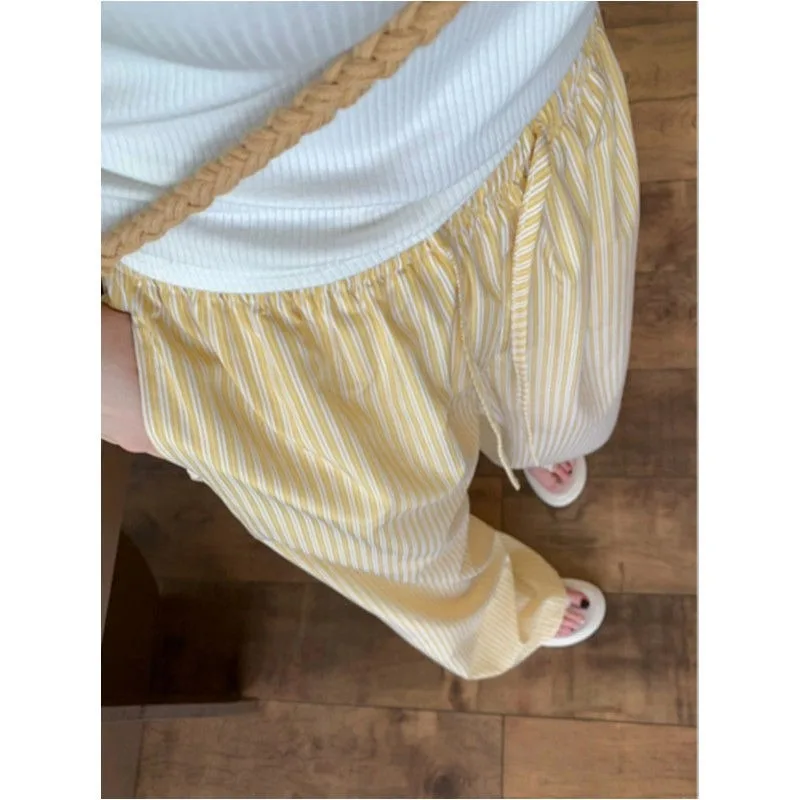 

Deeptown Striped Butter Yellow Women Pants High Waist Wide Leg Korean Fashion Trousers Straight Jogging Baggy Casual Summer Thin