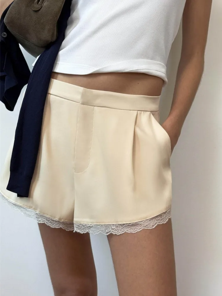 Ladies Office Summer Beige Shorts Lace Spliced High Waist Casual Shorts Womens Streetwear French Style Wide Leg Short Trousers