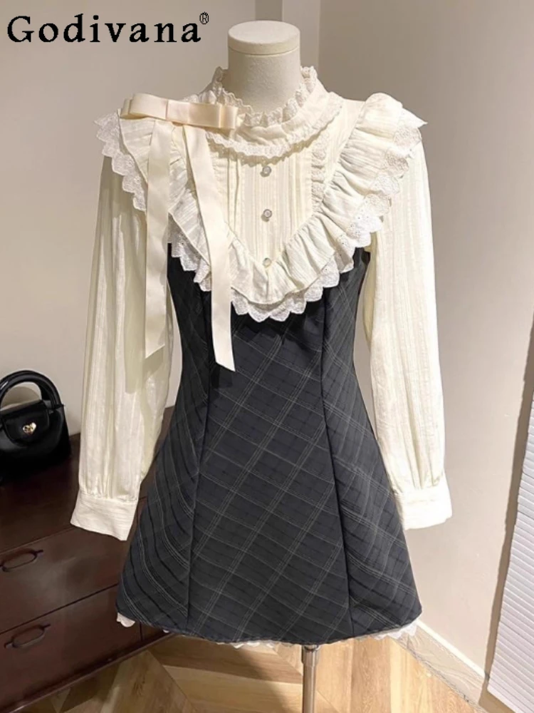 Women Spring Autumn Retro Lace Plaid Long Sleeve Peter Pan Collar Dress Fashion Age Reduction High Waist A-line Lolita Dresses