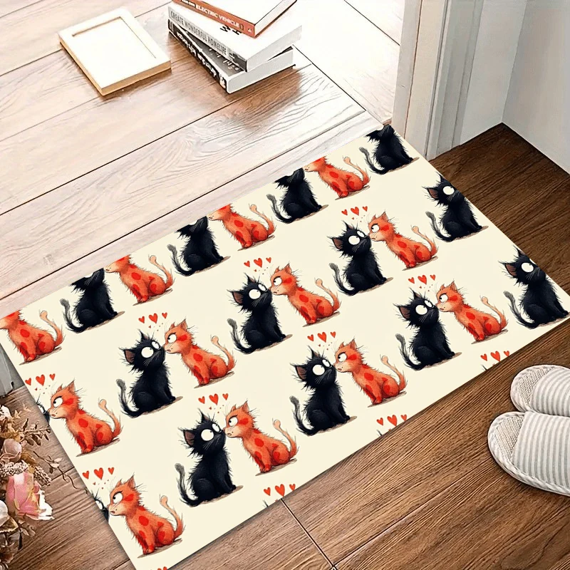 Cute Kissing Cats Doormat Black Orange Puppy Cat Floor Mat Living Room Bedroom Entrance Pet Decor Rug