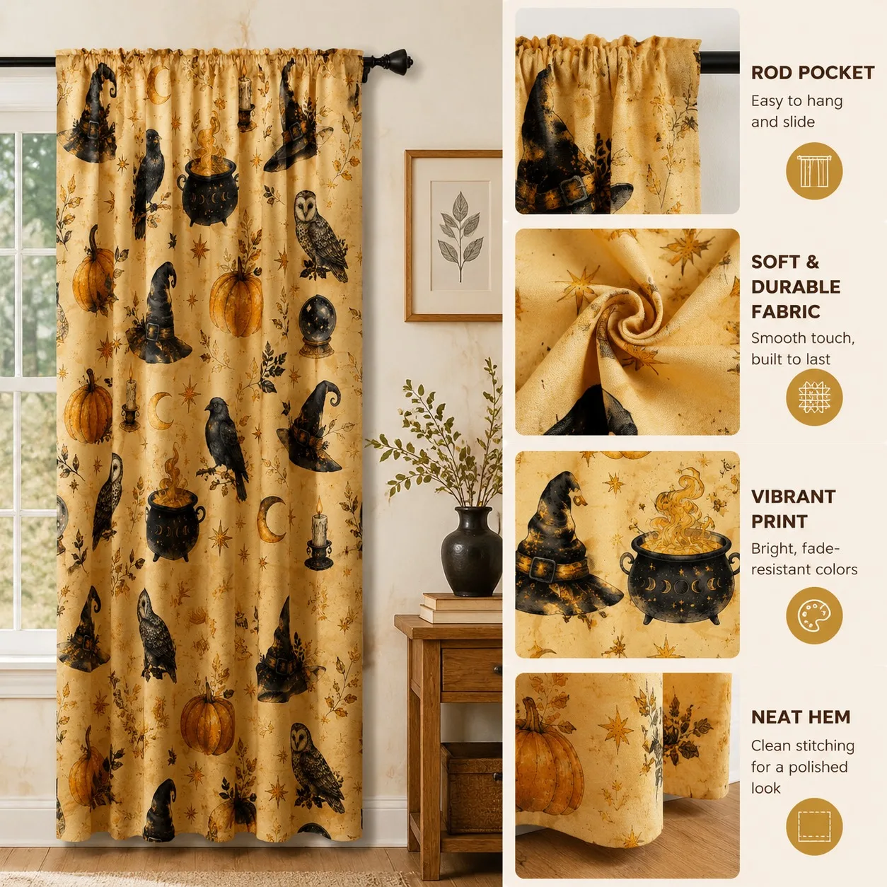 2Pcs Halloween Witch  Pumpkin Crow Pattern Curtain, Spooky Autumn Decor, High Definition Digital Print, Mystical Gothic Style