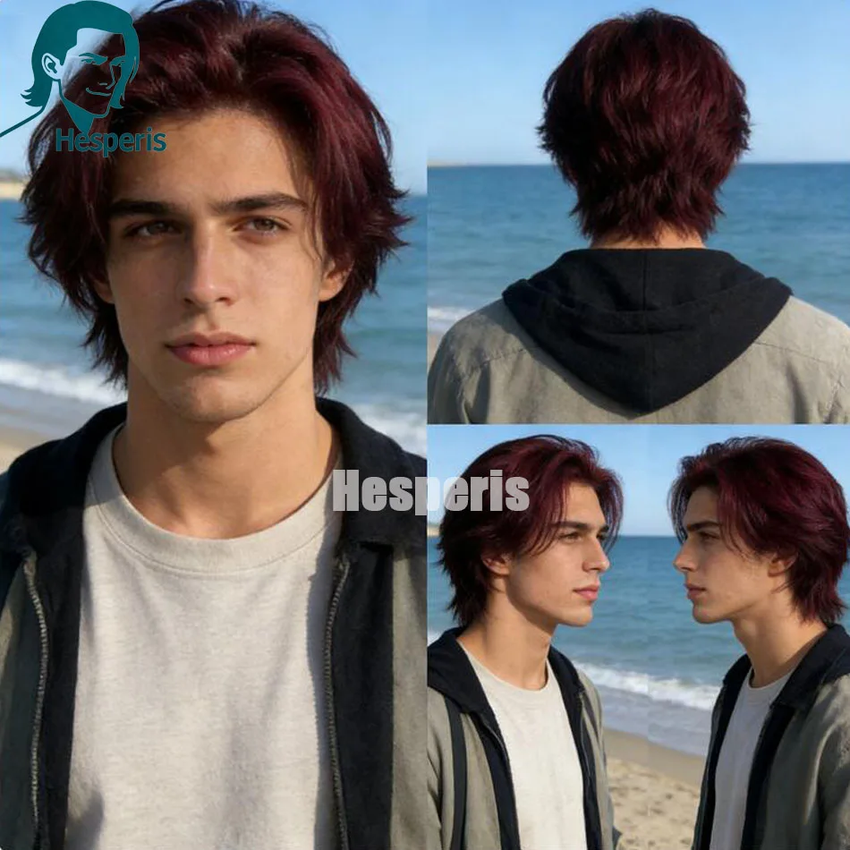 

Hesperis Men Lace Front Wig With Bangs Remy Hair Short Cut Male Wigs 99J Layered Cut Human Hair Wig Burgundy Color For Boy