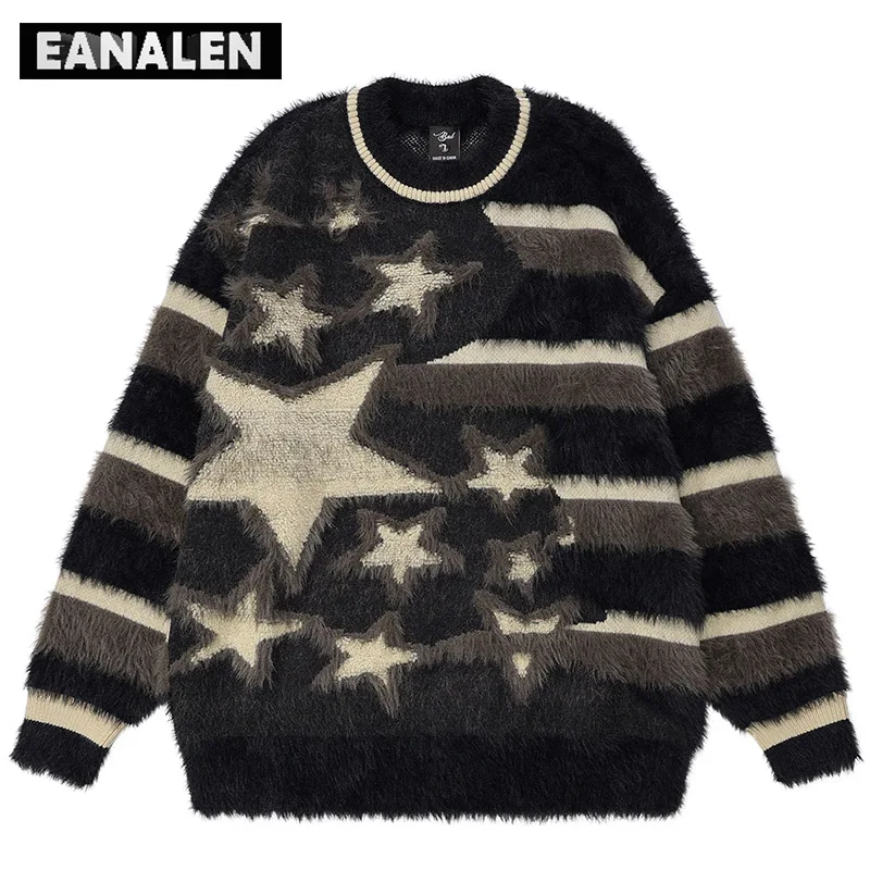 Harajuku Plush Striped Sweater Men\'s Winter Jumper Knitted Pullover Vintage Casual Stars Graphic Grandpa Ugly Sweater Women Y2K