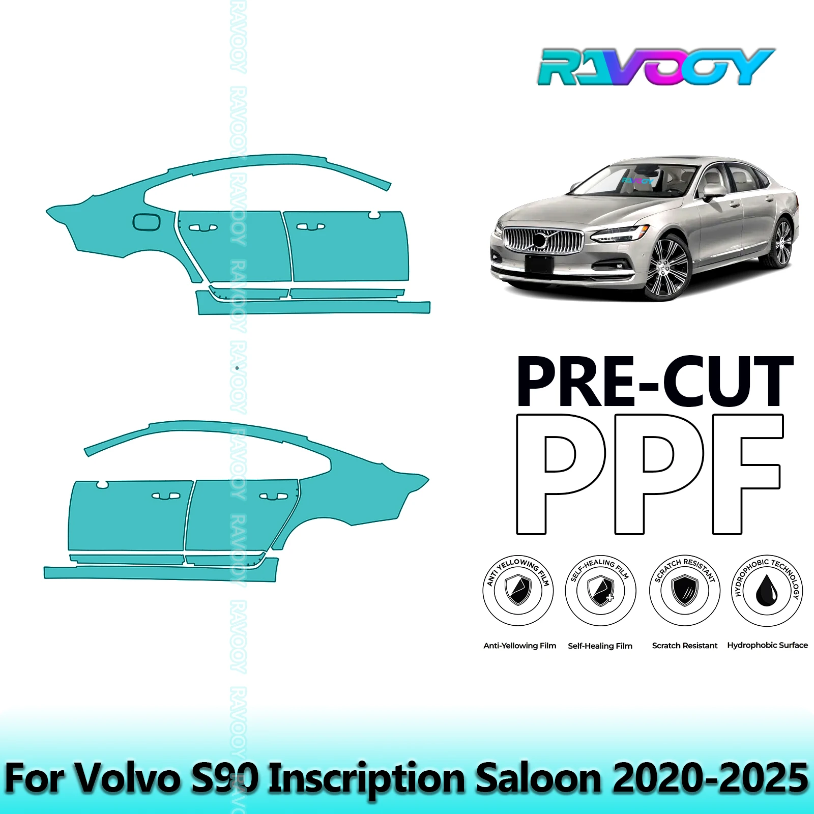 

For Volvo S90 Inscription Saloon 2020-2025 8.5mil Clear Matte Pre-Cut PPF Door & A/B Pillar Kit TPU Paint Protection Film Set