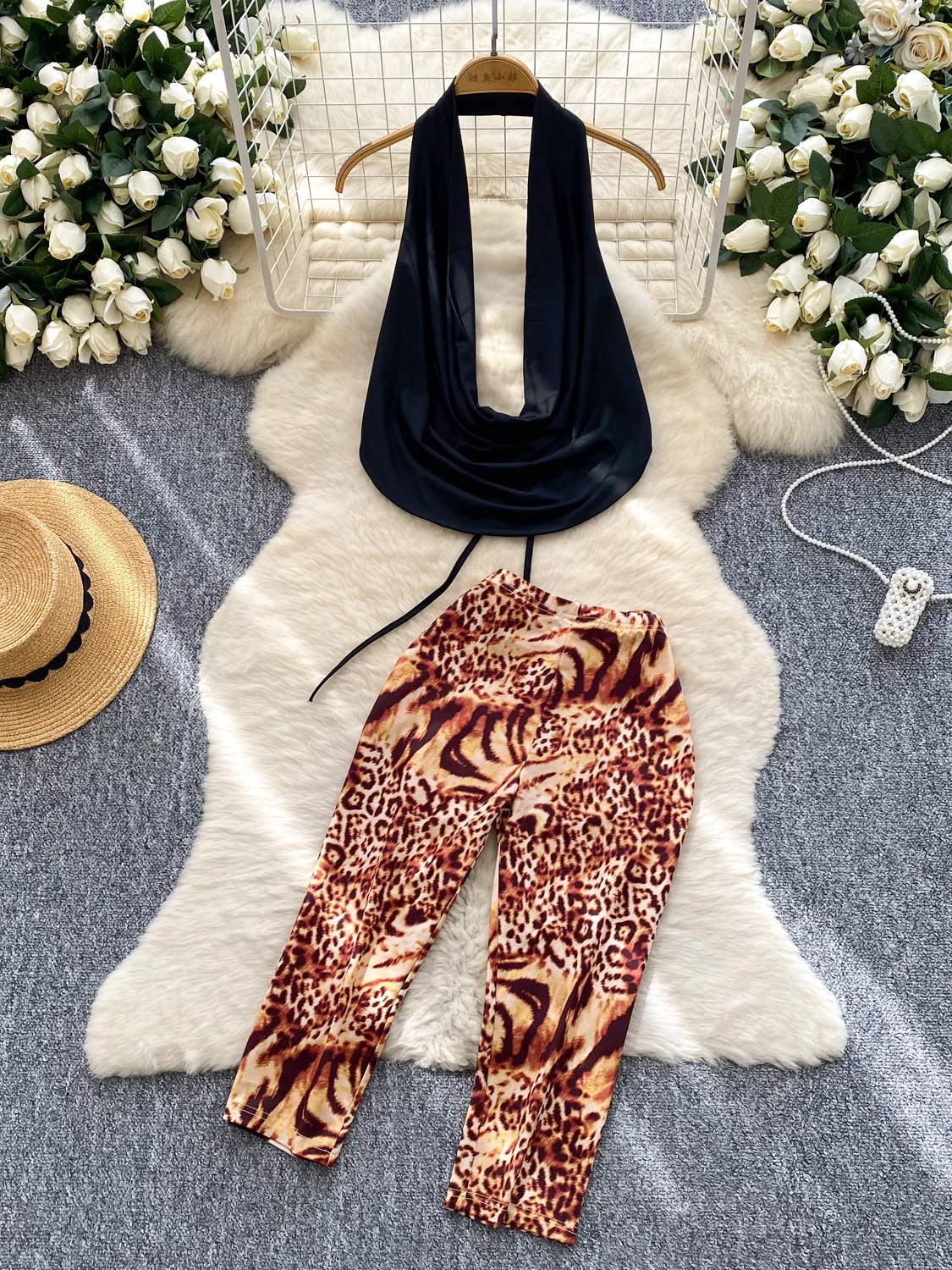 

Brtte Tank Top And Seven Inch Pants с высокой талией Леопардовый принт Женский летний комплект Faion круглый Ne Long Sve Комплект из двух предметов