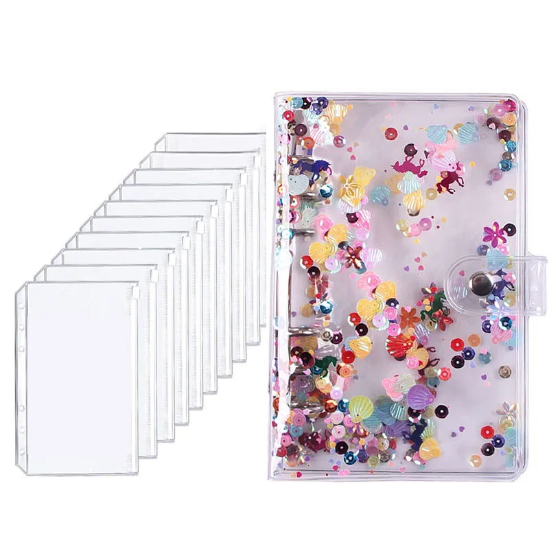 بريق الترتر A6 Binder بها بنفسك الموثق دفتر غطاء مذكرات جدول مخطط ورقة حامل 10 قطعة/المجموعة A6 سستة جيوب القرطاسية المدرسية