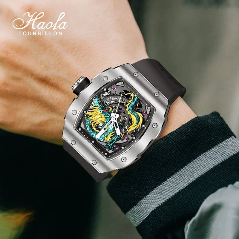 

Haofa Automatic Watch for Men 3D Dragon Sapphire Waterproof Self Winding Mechanical Watch Stainless Steel Luminous Luxury 1968A