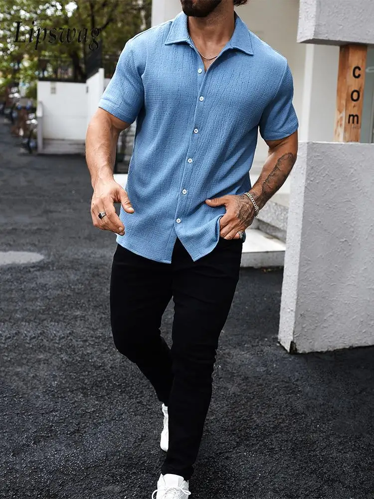 

Outdoor Casual Breathable Thin Shirts Mens Trendy Simple Solid Color Textured Shirt Vintage Turn-down Collar Button Men's Shirts
