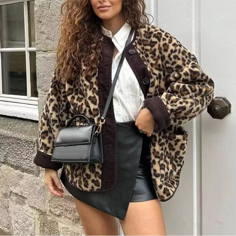 Mulheres leopardo impresso casacos em torno do pescoço único breasted outerwear outono inverno feminino bolsos manga longa topos senhora cardigan