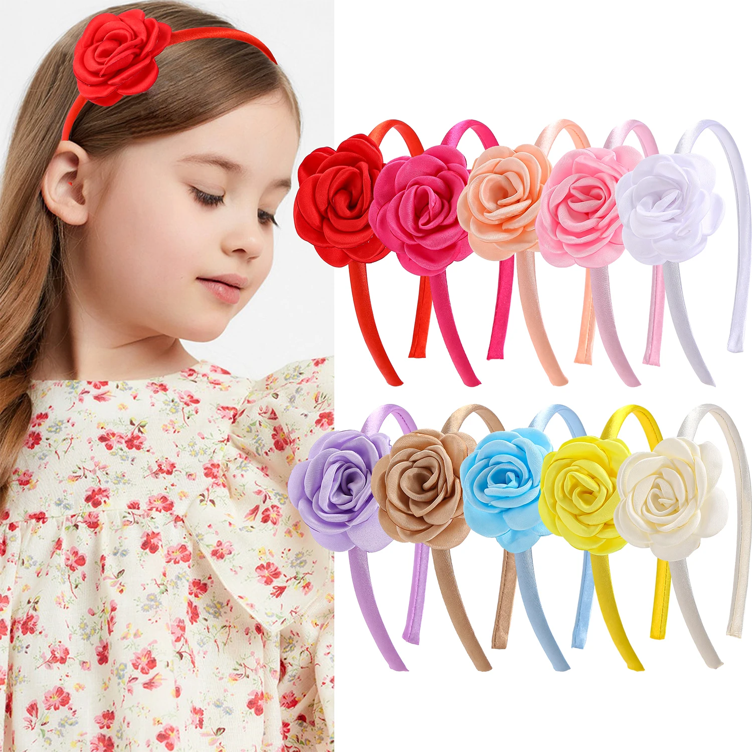 

5 шт. атласные повязки на голову с цветами для девочек, милые цветочные банты, повязка на голову, пластиковые атласные повязки для волос, детские школьные аксессуары для волос