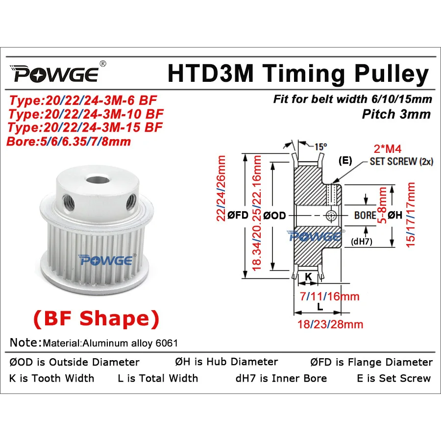 POWGE 20 22 24 teeth HTD 3M Timing Pulley Bore 4/5/6/6.35/7/8/10/12/14/15/16/17mm for HTD3M belt width 6/10/15mm 20T 22T 24T